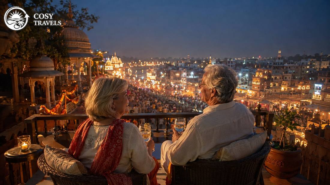 Western tourists enjoying an Indian festival safely from a private VIP rooftop balcony