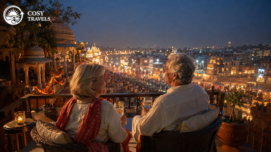 Western tourists enjoying an Indian festival safely from a private VIP rooftop balcony